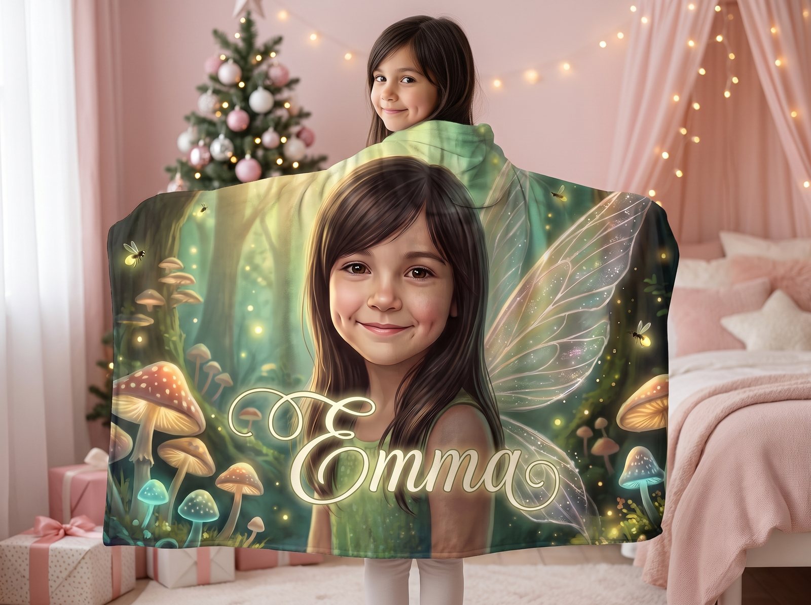 Emma wrapped in her personalized MyStoryWear fairy hooded blanket in her bedroom